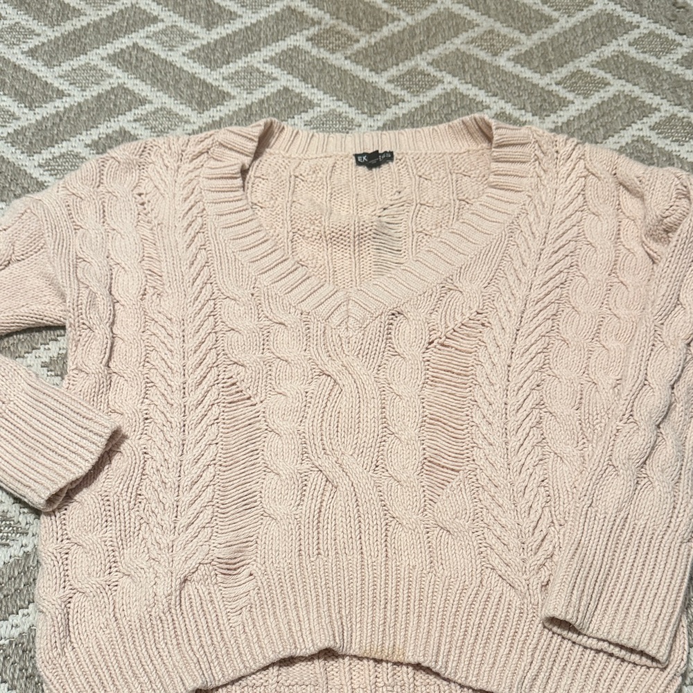 Express V-Neck Cable Knit Sweater - Pink distressed style Small